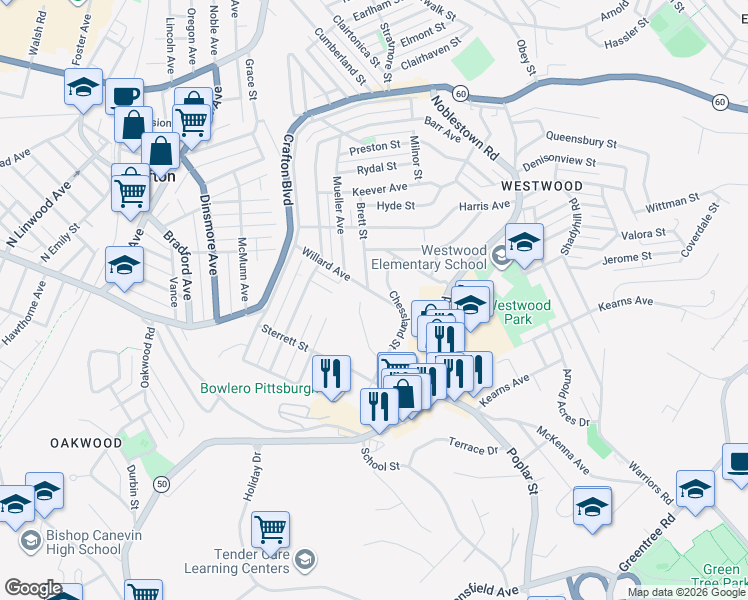 map of restaurants, bars, coffee shops, grocery stores, and more near 1467 Willoughby Street in Pittsburgh