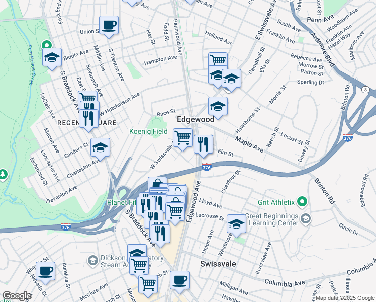 map of restaurants, bars, coffee shops, grocery stores, and more near 121 Lincoln Avenue in Swissvale