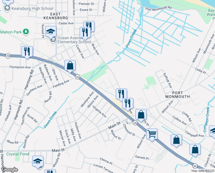 map of restaurants, bars, coffee shops, grocery stores, and more near 14 Central Avenue in Port Monmouth