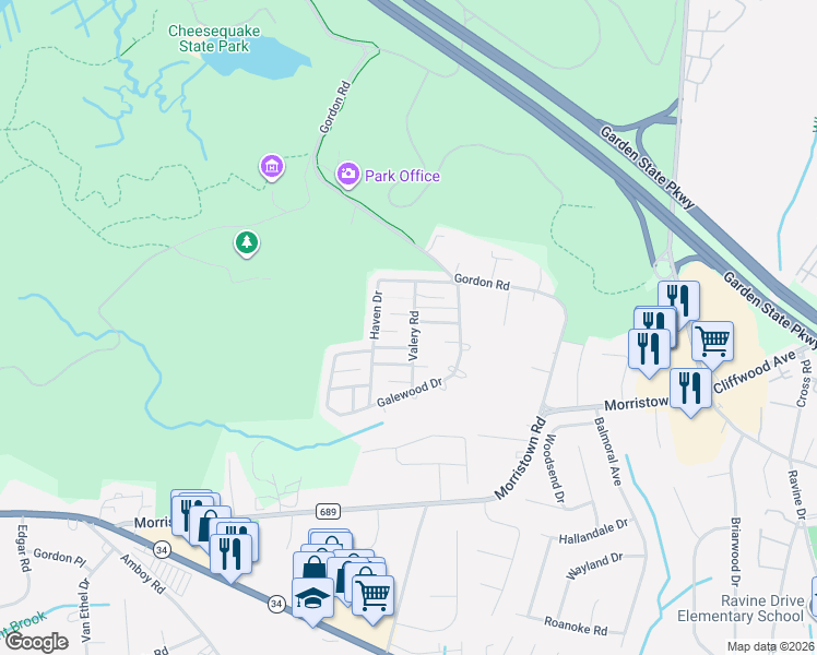 map of restaurants, bars, coffee shops, grocery stores, and more near 7 Ohio Court in Matawan