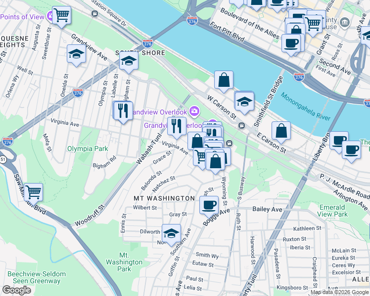 map of restaurants, bars, coffee shops, grocery stores, and more near 214 Virginia Avenue in Pittsburgh