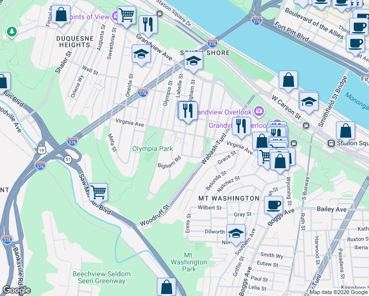 map of restaurants, bars, coffee shops, grocery stores, and more near 432 Bigham Street in Pittsburgh