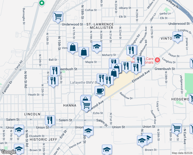 map of restaurants, bars, coffee shops, grocery stores, and more near 1917 Morton Street in Lafayette