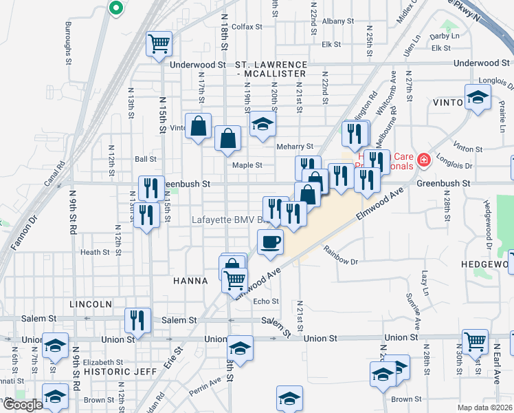 map of restaurants, bars, coffee shops, grocery stores, and more near 1917 Morton Street in Lafayette