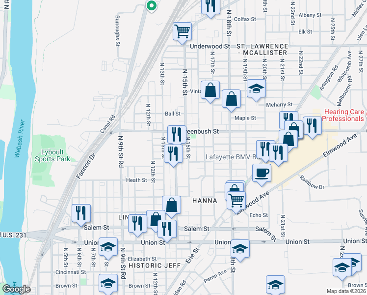 map of restaurants, bars, coffee shops, grocery stores, and more near 1328 North 15th Street in Lafayette