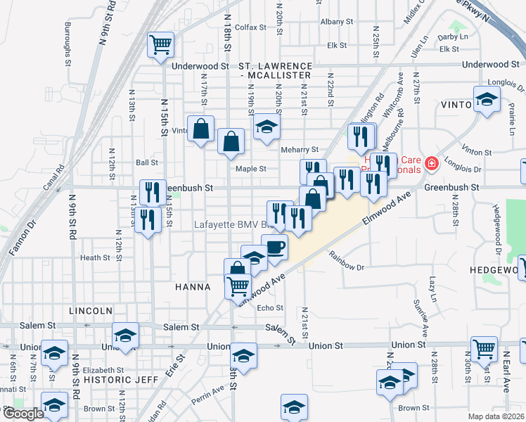 map of restaurants, bars, coffee shops, grocery stores, and more near 1917 Morton Street in Lafayette
