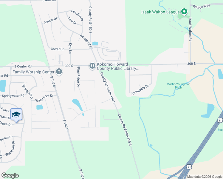 map of restaurants, bars, coffee shops, grocery stores, and more near 3192 County Road South 150 East in Kokomo