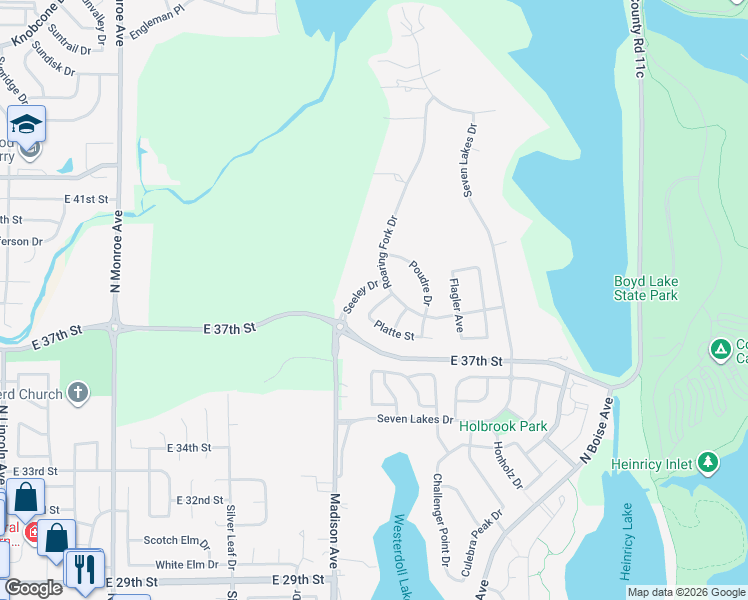 map of restaurants, bars, coffee shops, grocery stores, and more near 3763 Osier Place in Loveland