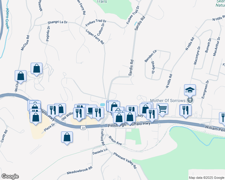 map of restaurants, bars, coffee shops, grocery stores, and more near 3281 Sardis Road in Murrysville