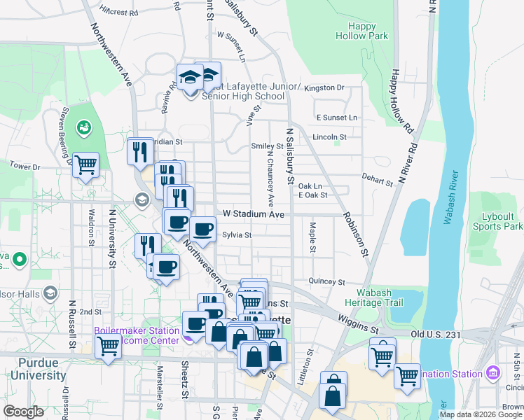map of restaurants, bars, coffee shops, grocery stores, and more near 208 West Stadium Avenue in West Lafayette