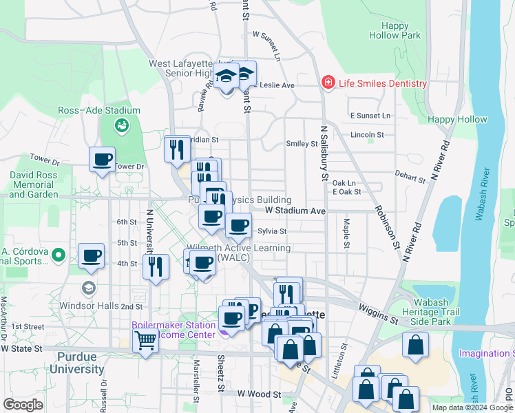map of restaurants, bars, coffee shops, grocery stores, and more near 348 West Stadium Avenue in West Lafayette