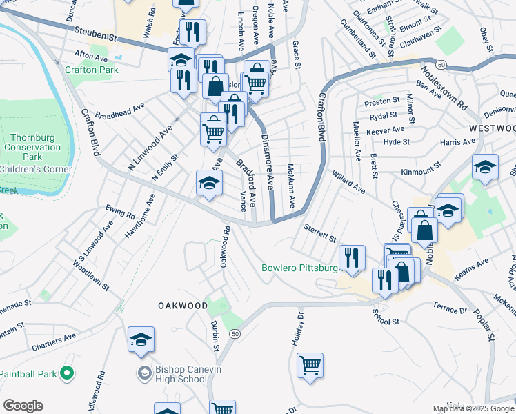 map of restaurants, bars, coffee shops, grocery stores, and more near 24 Bradford Avenue in Pittsburgh