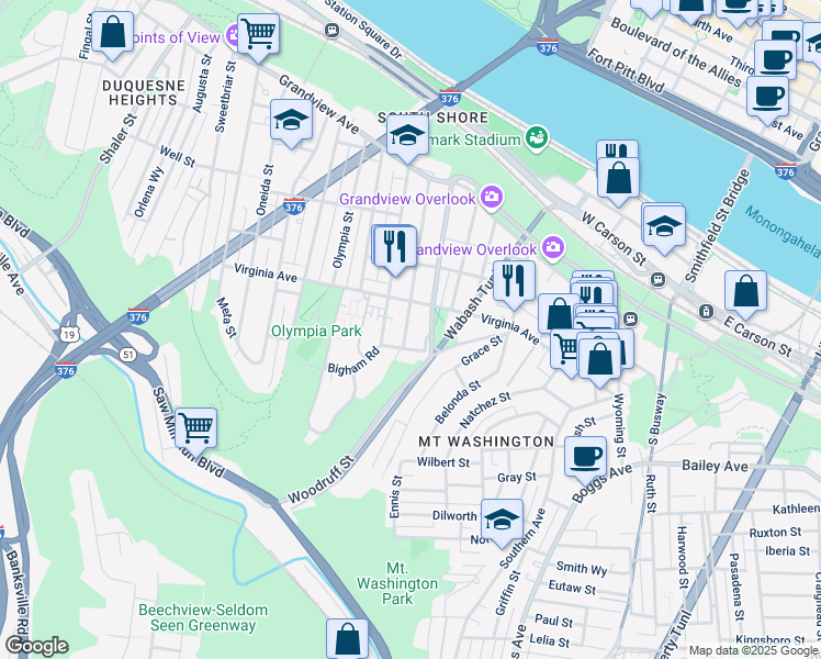 map of restaurants, bars, coffee shops, grocery stores, and more near 327 Amabell Street in Pittsburgh