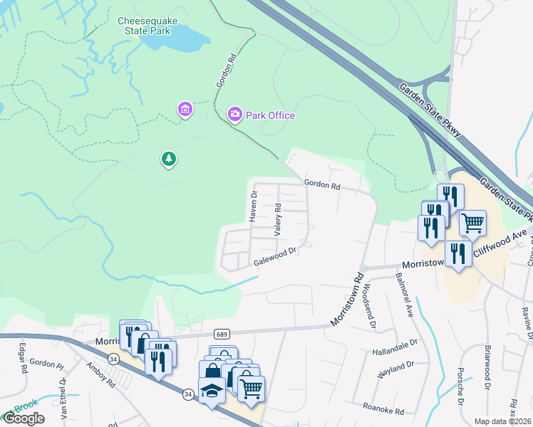 map of restaurants, bars, coffee shops, grocery stores, and more near 7 Ohio Court in Matawan