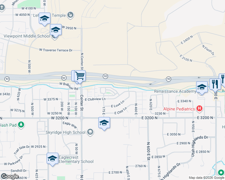 map of restaurants, bars, coffee shops, grocery stores, and more near 252 East Backhand Lane in Lehi