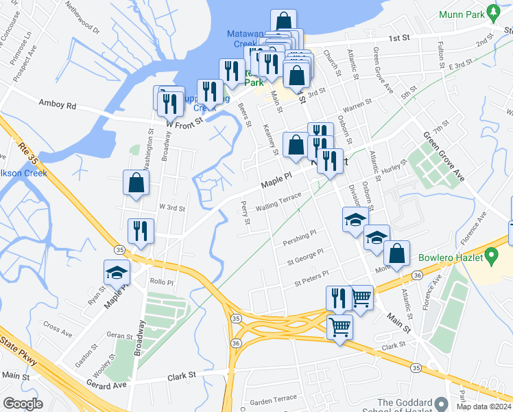 map of restaurants, bars, coffee shops, grocery stores, and more near 77 Walling Terrace in Keyport
