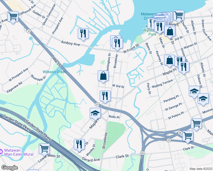 map of restaurants, bars, coffee shops, grocery stores, and more near 165 Washington Street in Keyport