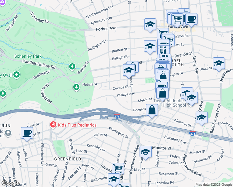 map of restaurants, bars, coffee shops, grocery stores, and more near 5529 Phillips Avenue in Pittsburgh