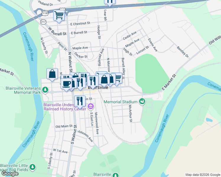 map of restaurants, bars, coffee shops, grocery stores, and more near 15 South Morrow Street in Blairsville