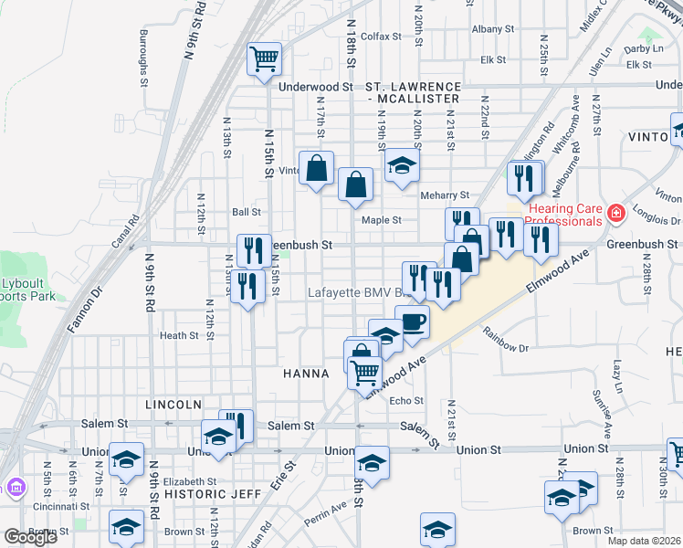 map of restaurants, bars, coffee shops, grocery stores, and more near 1711 Morton Street in Lafayette