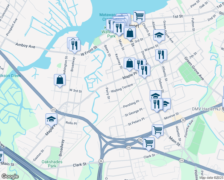 map of restaurants, bars, coffee shops, grocery stores, and more near 77 Walling Terrace in Keyport