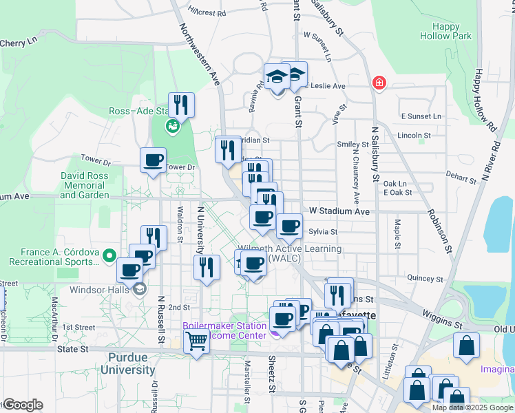 map of restaurants, bars, coffee shops, grocery stores, and more near 605 West Stadium Avenue in West Lafayette