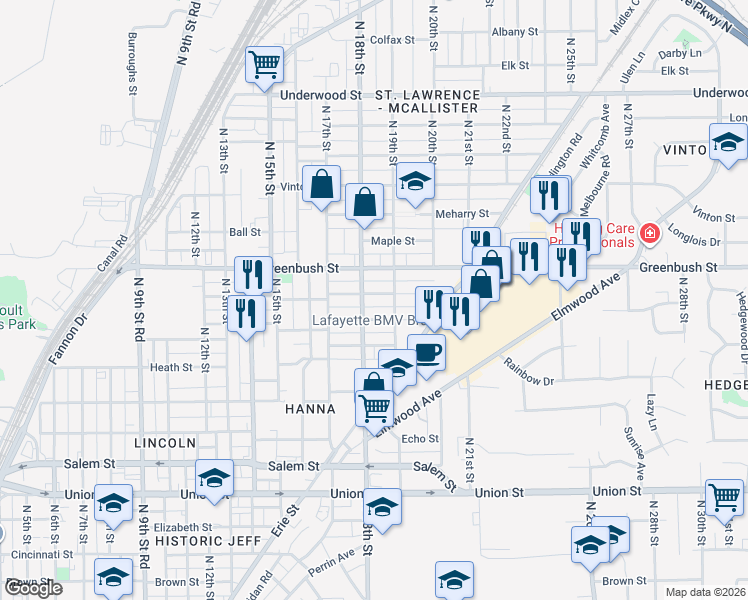 map of restaurants, bars, coffee shops, grocery stores, and more near 1809 Morton Street in Lafayette