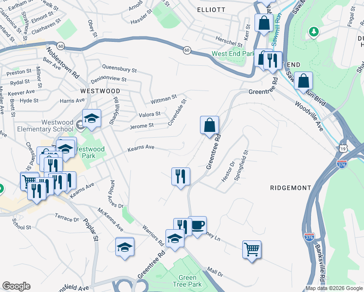 map of restaurants, bars, coffee shops, grocery stores, and more near 1056 Kearns Avenue in Pittsburgh