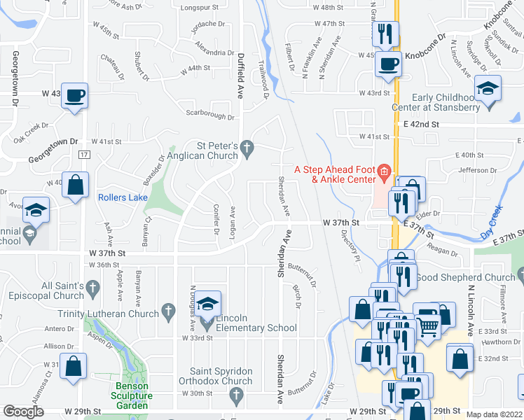 map of restaurants, bars, coffee shops, grocery stores, and more near 3727 North Franklin Avenue in Loveland