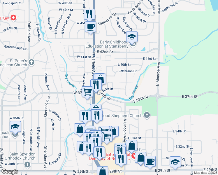 map of restaurants, bars, coffee shops, grocery stores, and more near 281 Elder Drive in Loveland