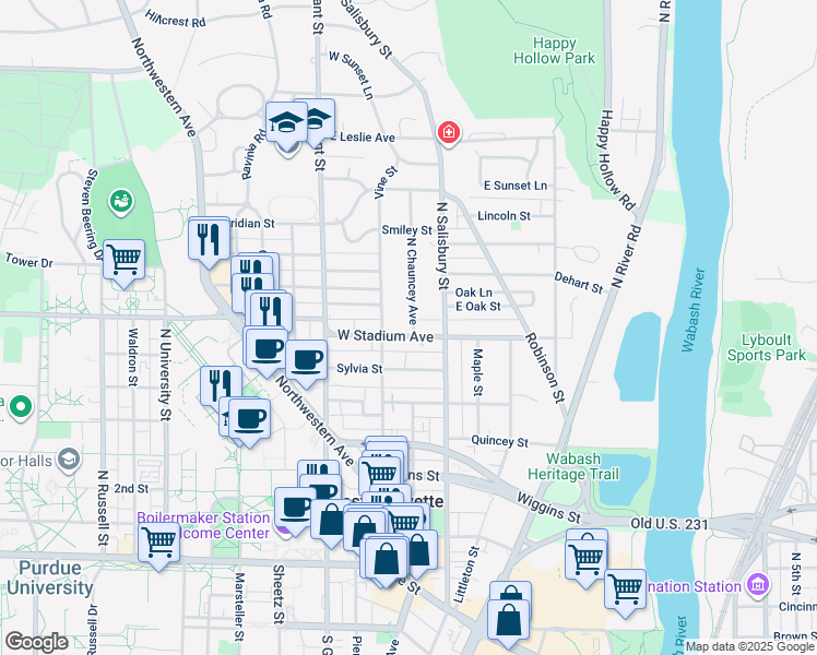 map of restaurants, bars, coffee shops, grocery stores, and more near 200 West Stadium Avenue in West Lafayette