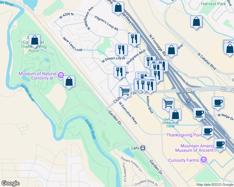 map of restaurants, bars, coffee shops, grocery stores, and more near 3160 Club House Drive in Lehi
