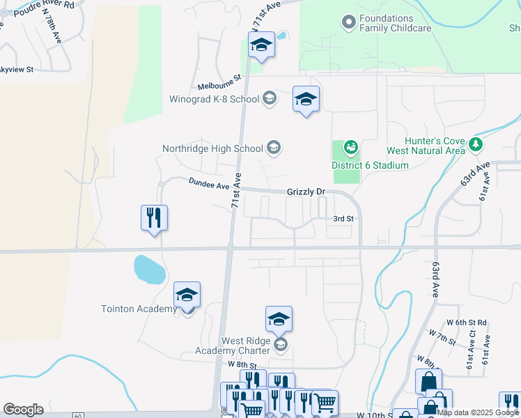 map of restaurants, bars, coffee shops, grocery stores, and more near 6915 West 3rd Street in Greeley