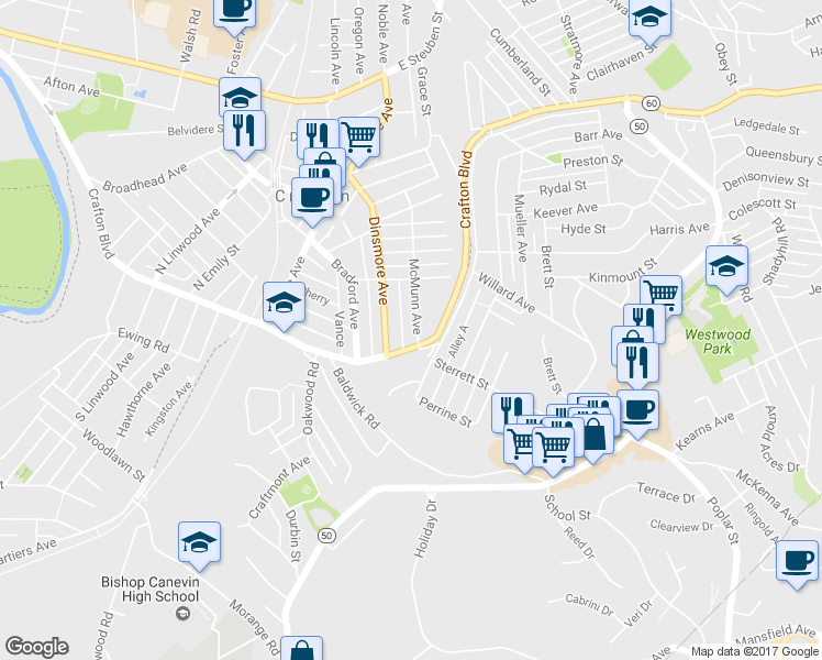 map of restaurants, bars, coffee shops, grocery stores, and more near 25 McMunn Avenue in Pittsburgh