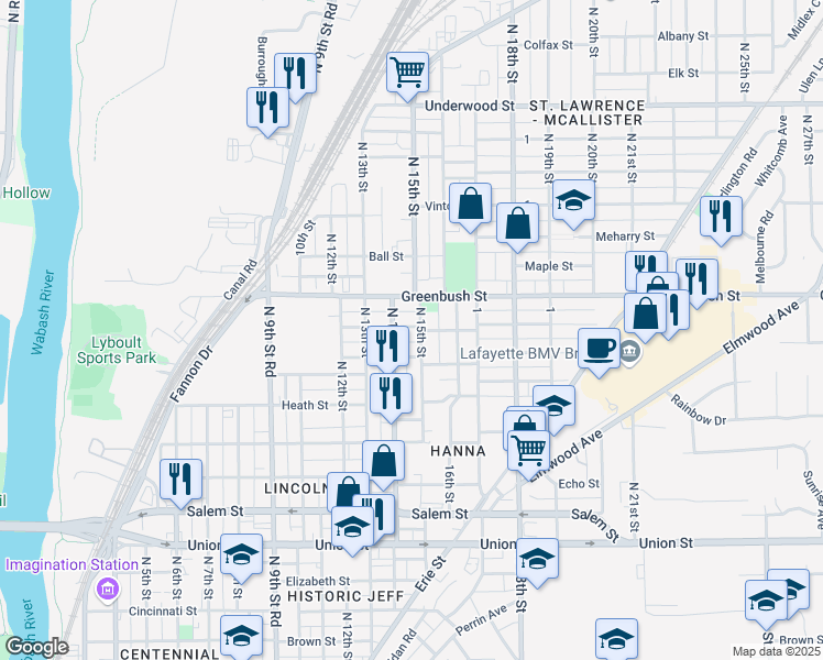 map of restaurants, bars, coffee shops, grocery stores, and more near 1417 Morton Street in Lafayette