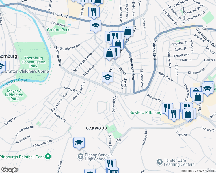 map of restaurants, bars, coffee shops, grocery stores, and more near 1874 Crafton Boulevard in Crafton