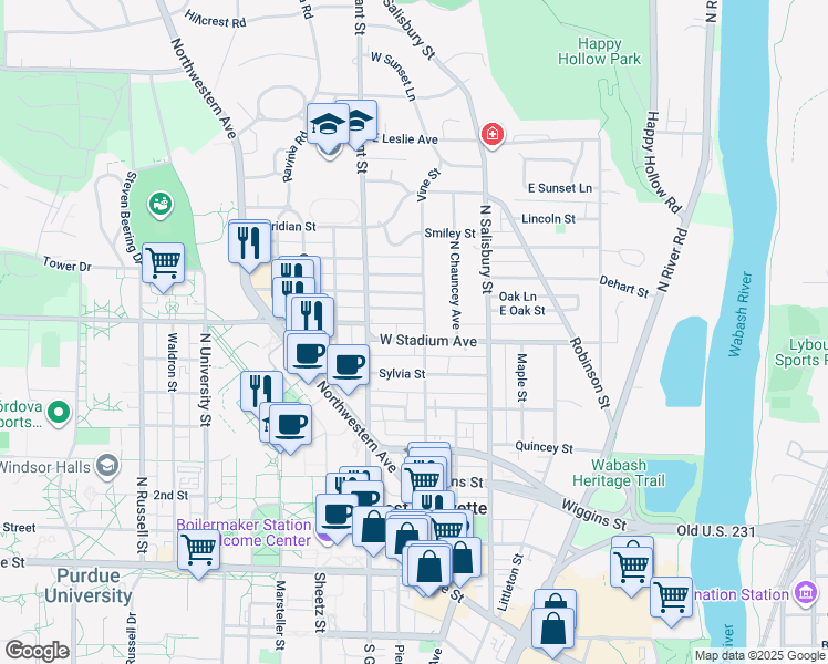 map of restaurants, bars, coffee shops, grocery stores, and more near 308 West Stadium Avenue in West Lafayette