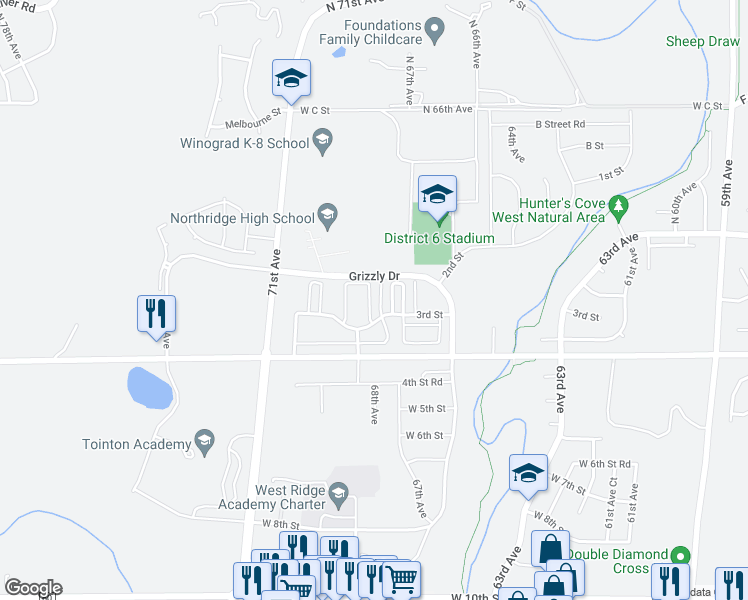 map of restaurants, bars, coffee shops, grocery stores, and more near 6607 West 3rd Street in Greeley
