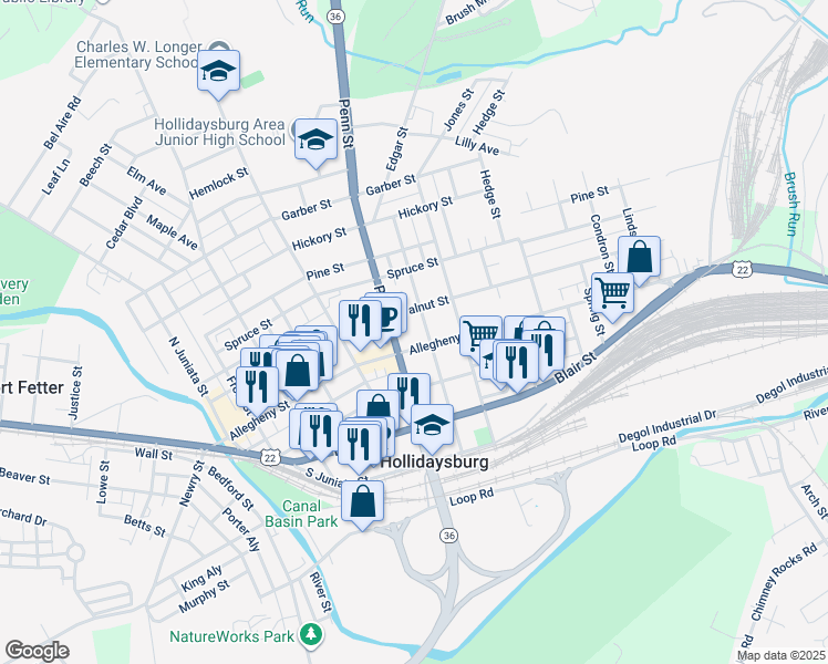 map of restaurants, bars, coffee shops, grocery stores, and more near 605 Allegheny Street in Hollidaysburg