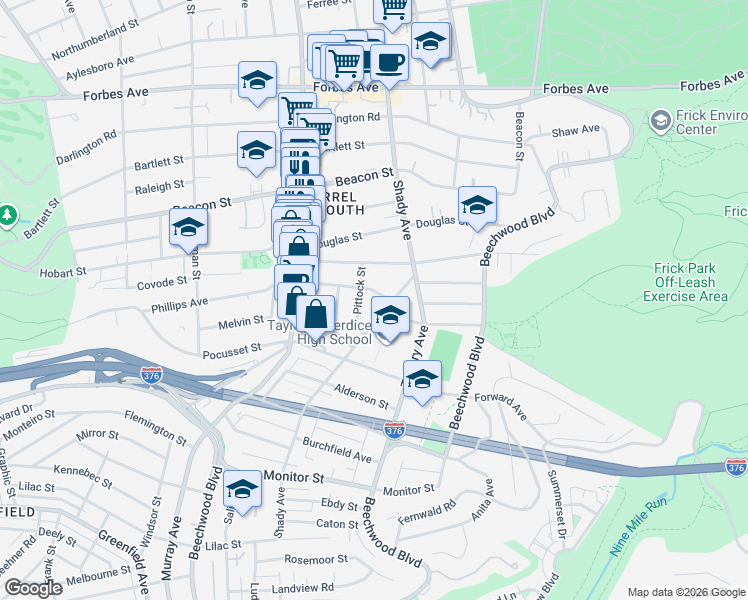map of restaurants, bars, coffee shops, grocery stores, and more near 5918 Nicholson Street in Pittsburgh