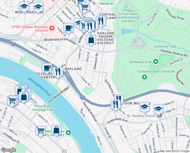 map of restaurants, bars, coffee shops, grocery stores, and more near 3255 Parkview Avenue in Pittsburgh