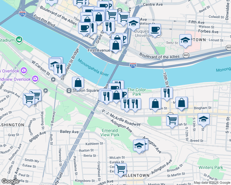 map of restaurants, bars, coffee shops, grocery stores, and more near 51 Terminal Way in Pittsburgh