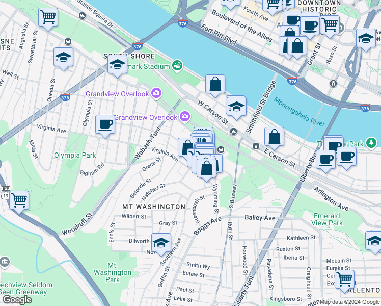 map of restaurants, bars, coffee shops, grocery stores, and more near 127 West Sycamore Street in Pittsburgh
