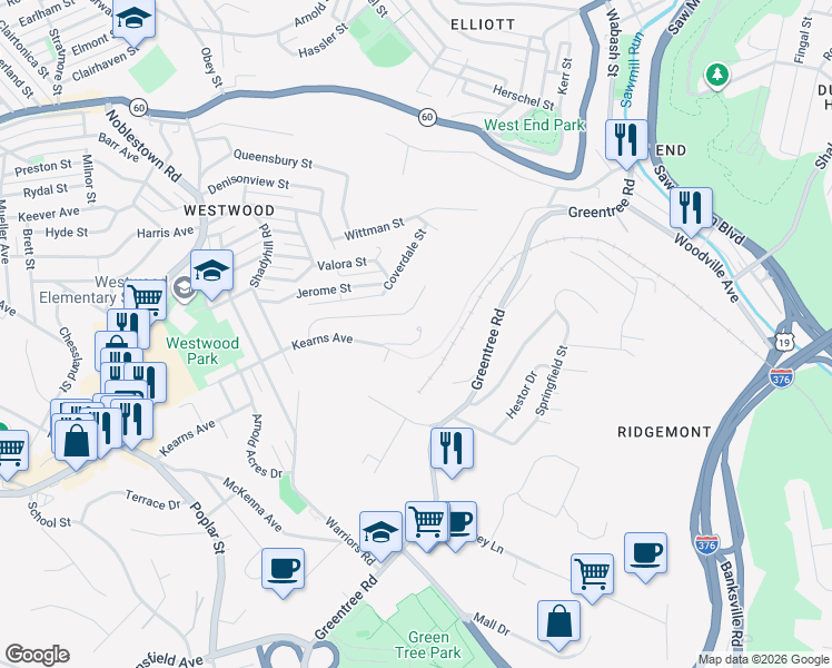 map of restaurants, bars, coffee shops, grocery stores, and more near 1056 Kearns Avenue in Pittsburgh