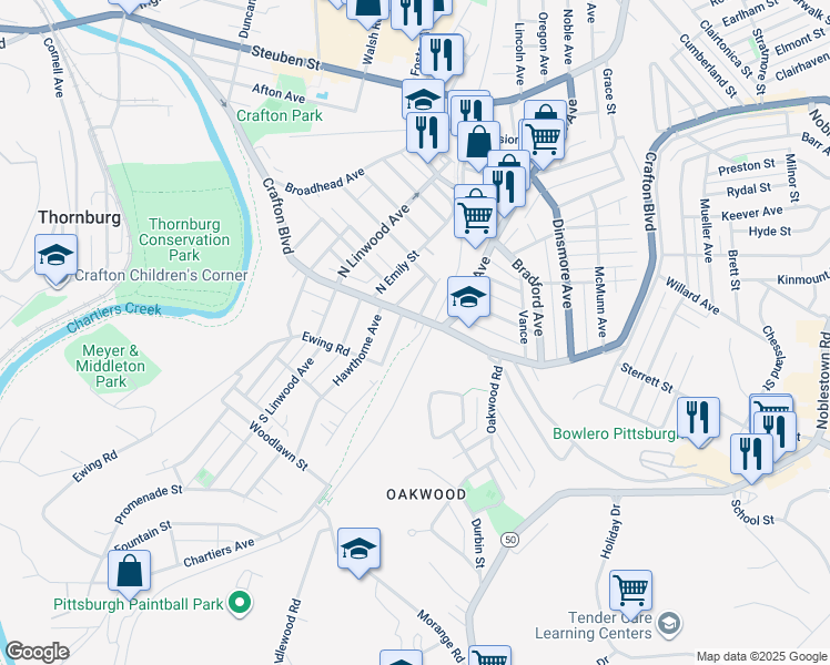 map of restaurants, bars, coffee shops, grocery stores, and more near 17 Emerson Avenue in Pittsburgh