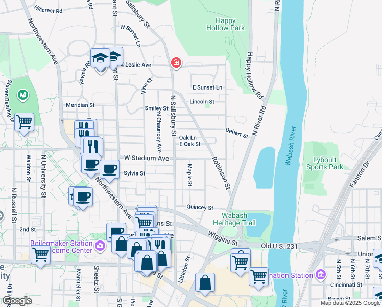 map of restaurants, bars, coffee shops, grocery stores, and more near 146 East Stadium Avenue in West Lafayette