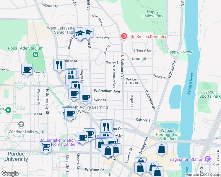 map of restaurants, bars, coffee shops, grocery stores, and more near 200 West Stadium Avenue in West Lafayette