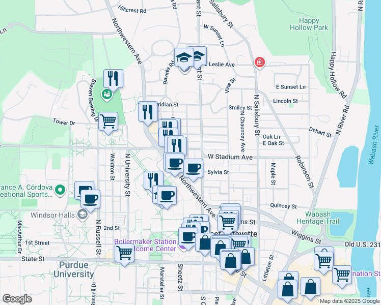 map of restaurants, bars, coffee shops, grocery stores, and more near 534 Hayes Street in West Lafayette