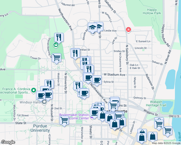 map of restaurants, bars, coffee shops, grocery stores, and more near 605 West Stadium Avenue in West Lafayette