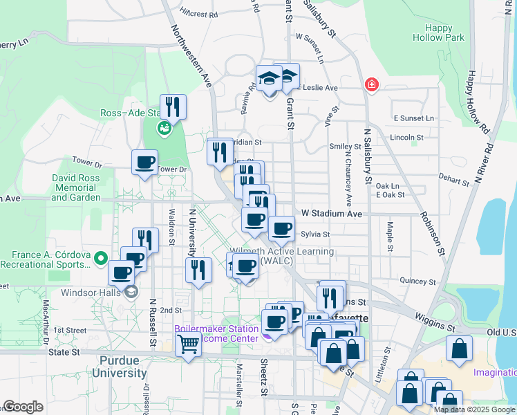 map of restaurants, bars, coffee shops, grocery stores, and more near 605 West Stadium Avenue in West Lafayette